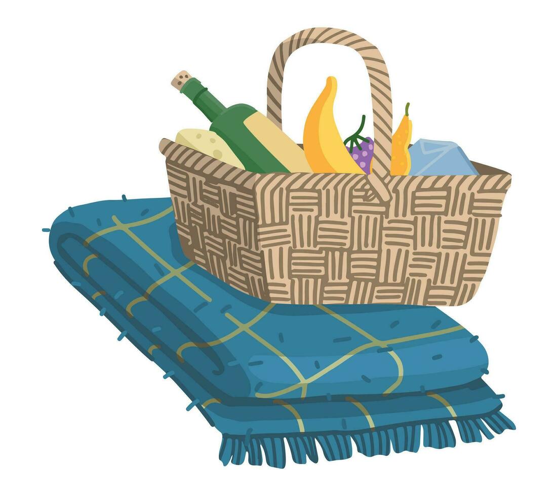 Picnic basket and blanket. Summer time leisure doodle clipart isolated on white. Colored vector illustration in cartoon style.