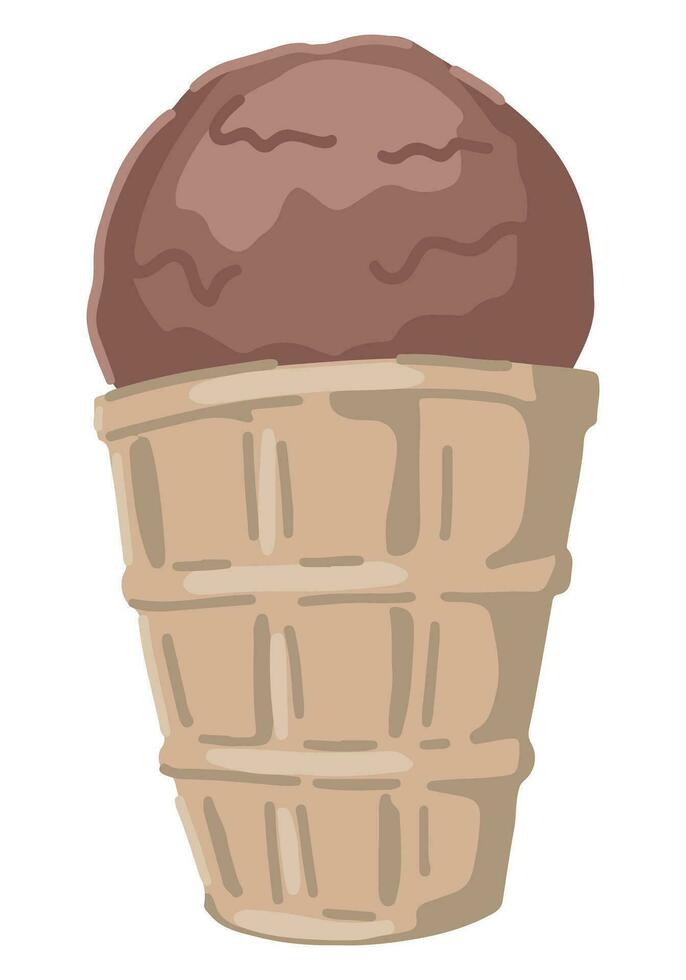 Chocolate ice cream in waffle bowl clipart. Doodle of summer sweet food isolated on white. Colored vector illustration in cartoon style.