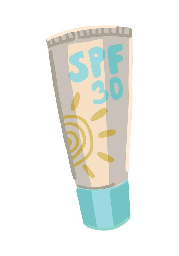 Tube sun cream clipart. Beach summer leisure vacation accessory doodle isolated on white. Colored vector illustration in cartoon style.