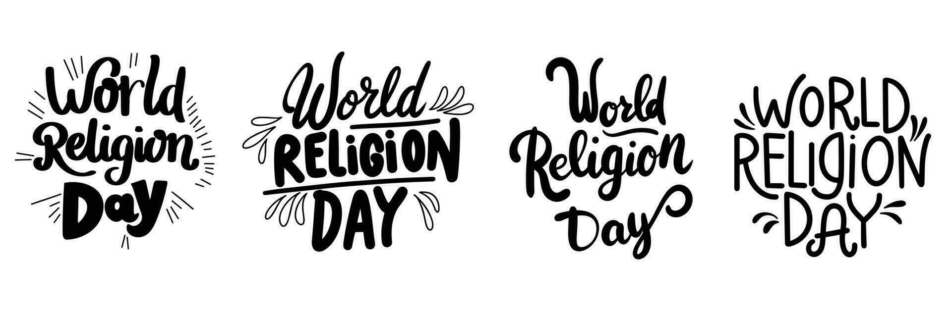 Set of World Religion Day inscription. Collection of black text World Religion Inscription. Hand drawn vector art.