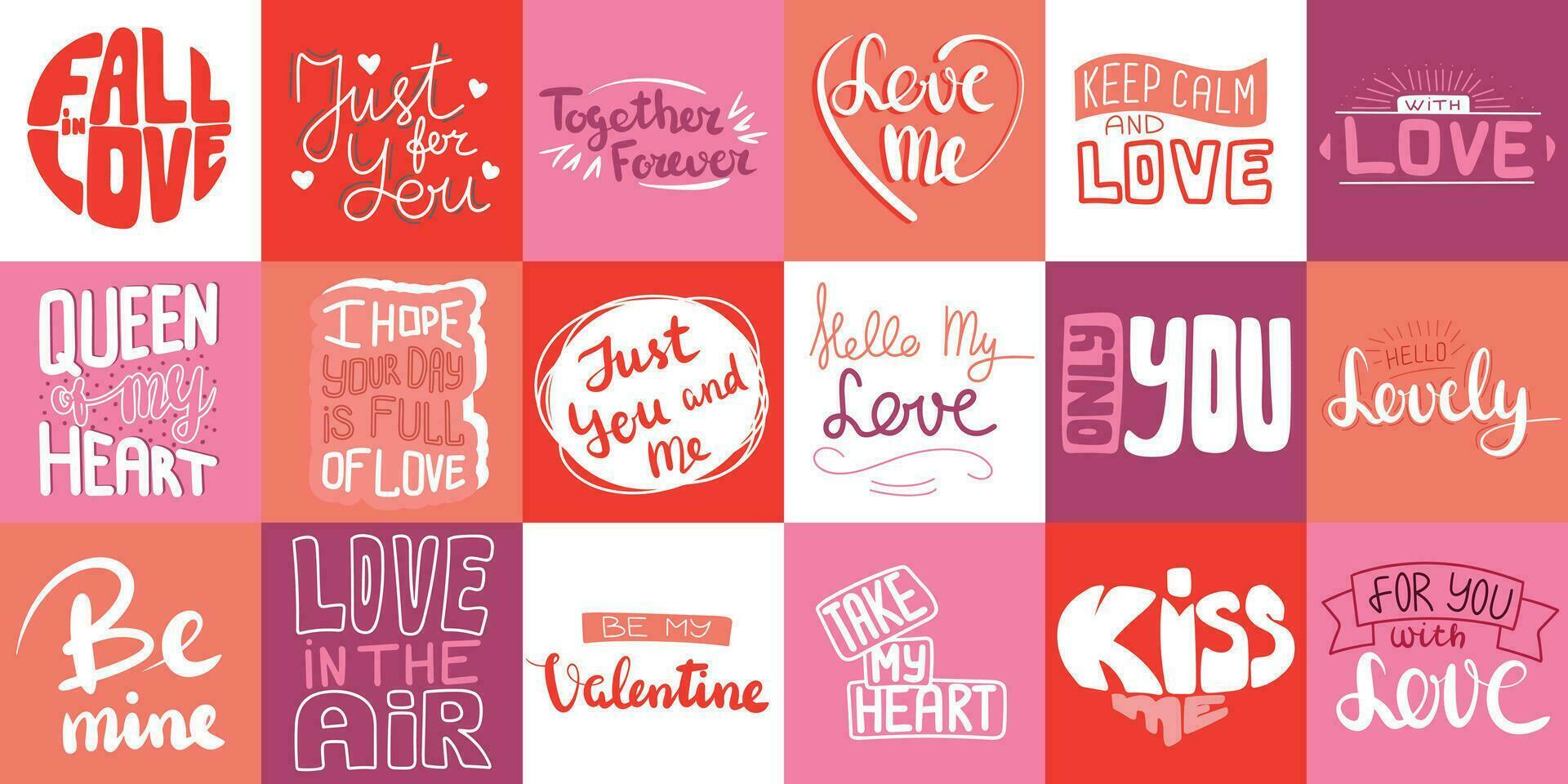 Collection of text banner for Valentine's Day. Set of lettering inscriptions of love. Love me, Kiss me, Only You, Be mine, For you with love. Hand drawn vector art.