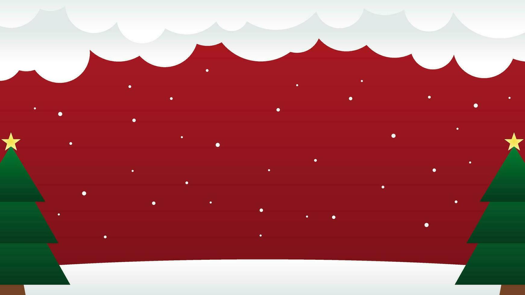 Merry Christmas red background with pine trees, clouds, and snowflakes falling in the winter. Vector illustration