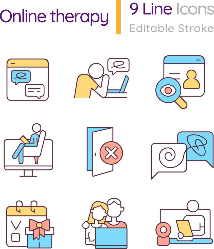 2D editable colorful thin line icons set representing online therapy, isolated vector, linear illustration. vector