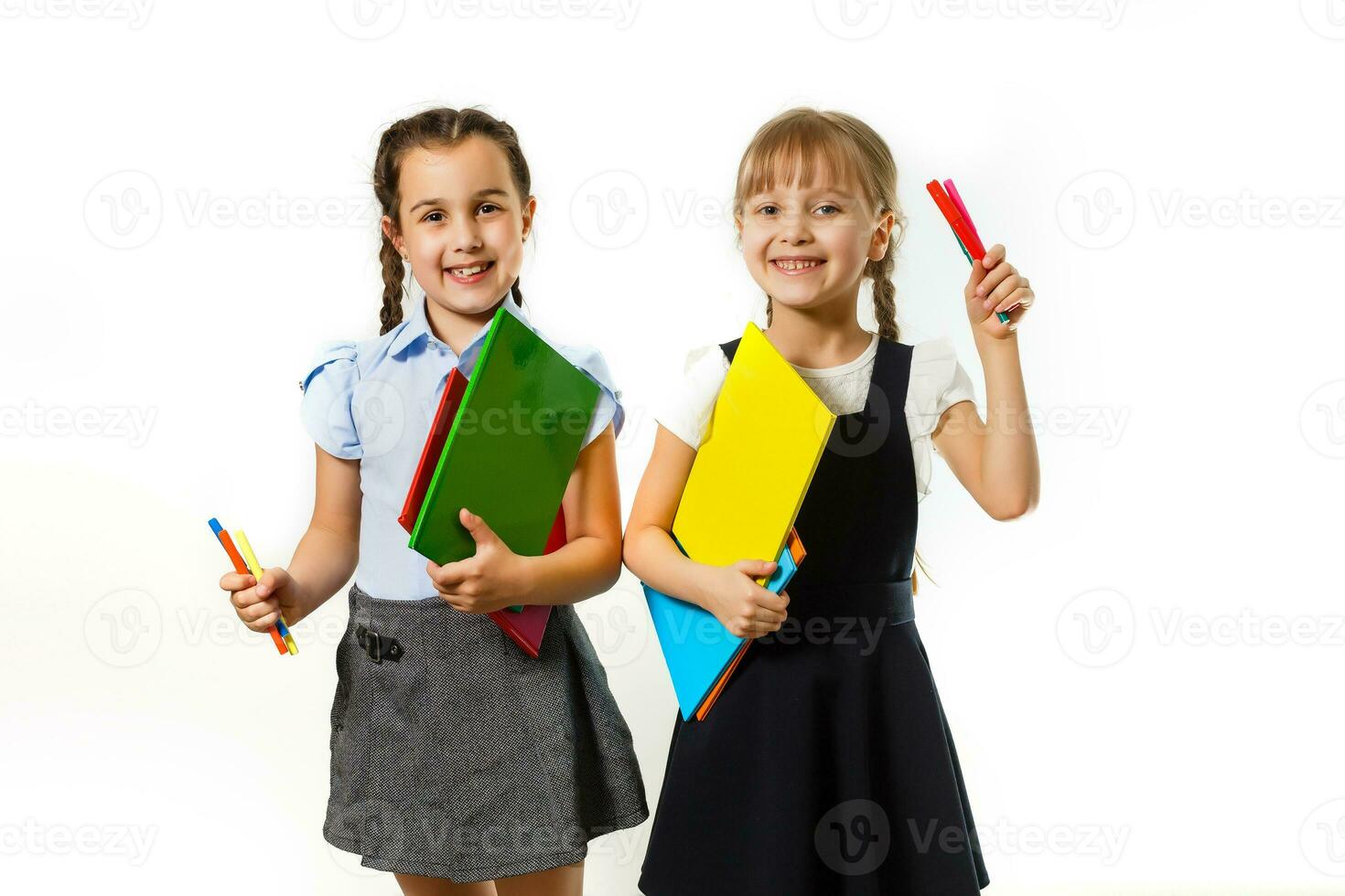 Portrait of two people nice cute lovely charming dreamy attractive cheerful pre-teen girls siblings showing aside ad promotion copy space isolated background photo