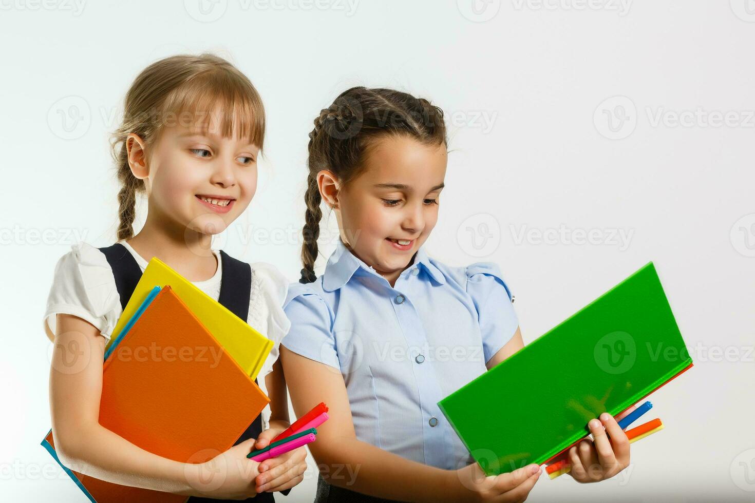 Portrait of two people nice cute lovely charming dreamy attractive cheerful pre-teen girls siblings showing aside ad promotion copy space isolated background photo