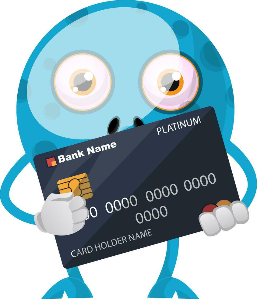 Blue monster with credit card, illustration, vector on white background.