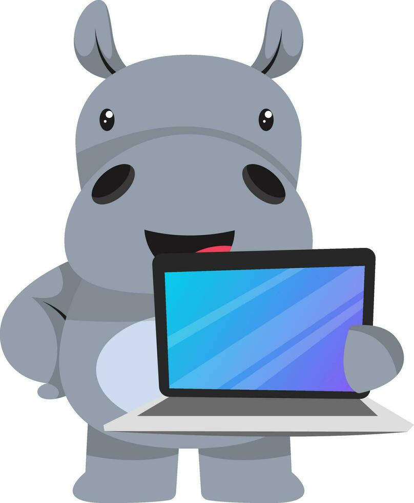 Hippo with laptop, illustration, vector on white background.
