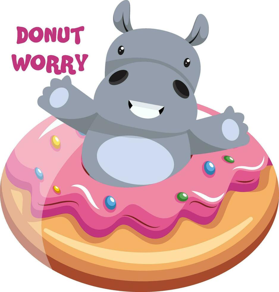 Hippo with donut, illustration, vector on white background.