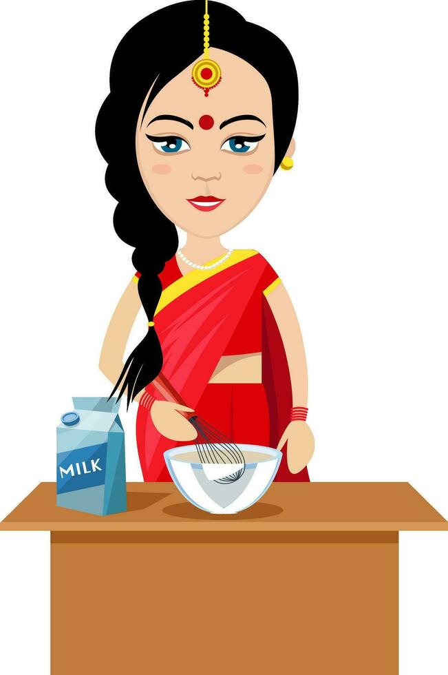 Indian woman cooking , illustration, vector on white background.