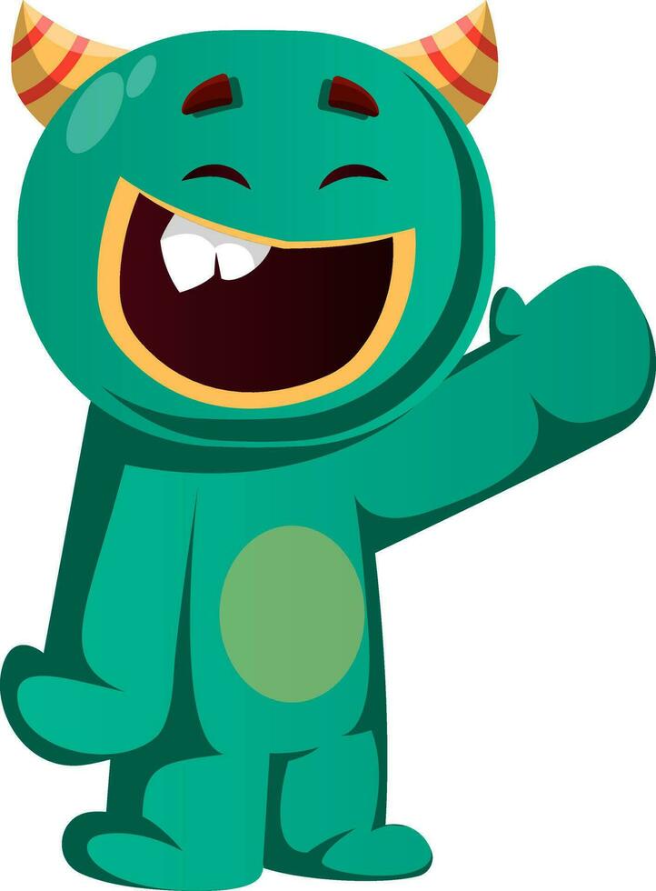 Happy green monster is waving to you vector illustration