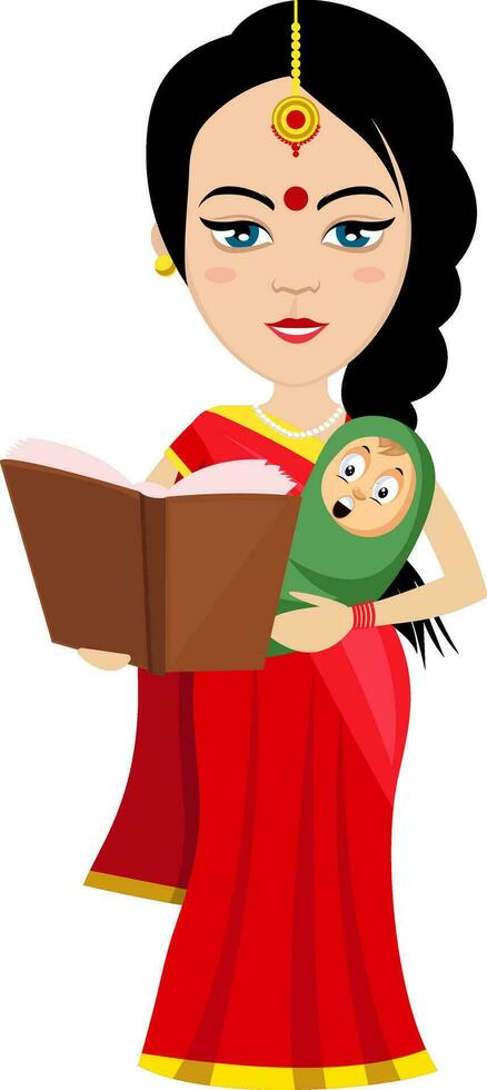 mujer india con libro, ilustración, vector sobre fondo blanco.