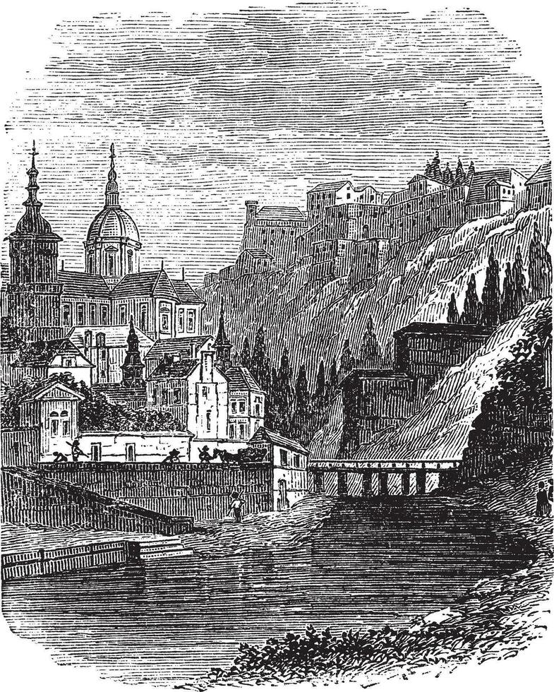 Namur in Wallonia, Belgium, vintage engraved illustration vector