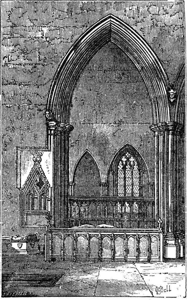 Decoracted gothic Arch in Dorchester Abbey in Dorchester-on-Thames, Oxfordshire, England. Old engraving vector