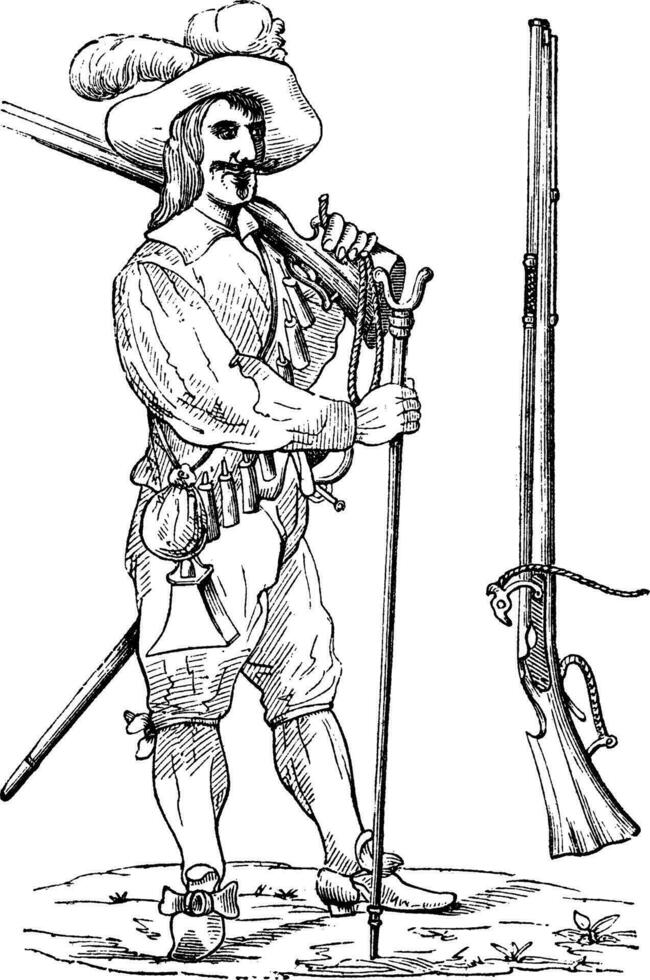 Musketeer of the sixteenth and seventeenth centuries, with his fork and his musket, vintage engraving vector