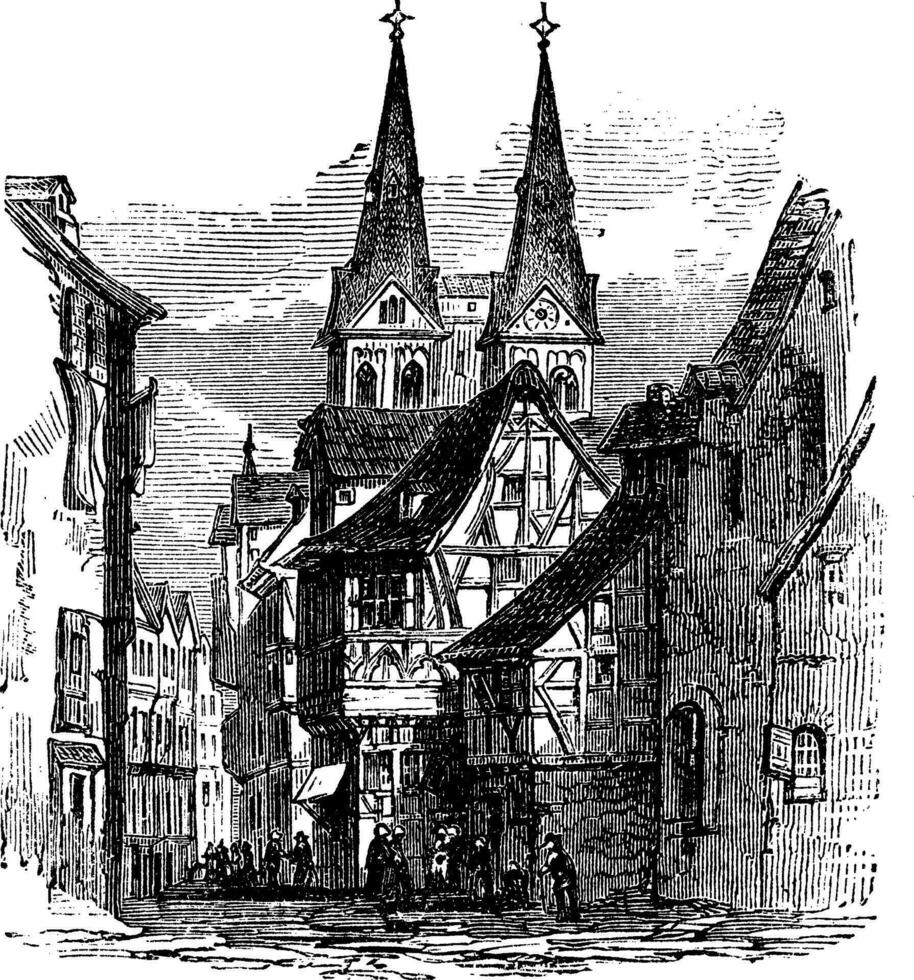 Boppard town, Rhein-Hunsruck-Kreis, Rhineland-Palatinate, Germany, vintage engraving. vector