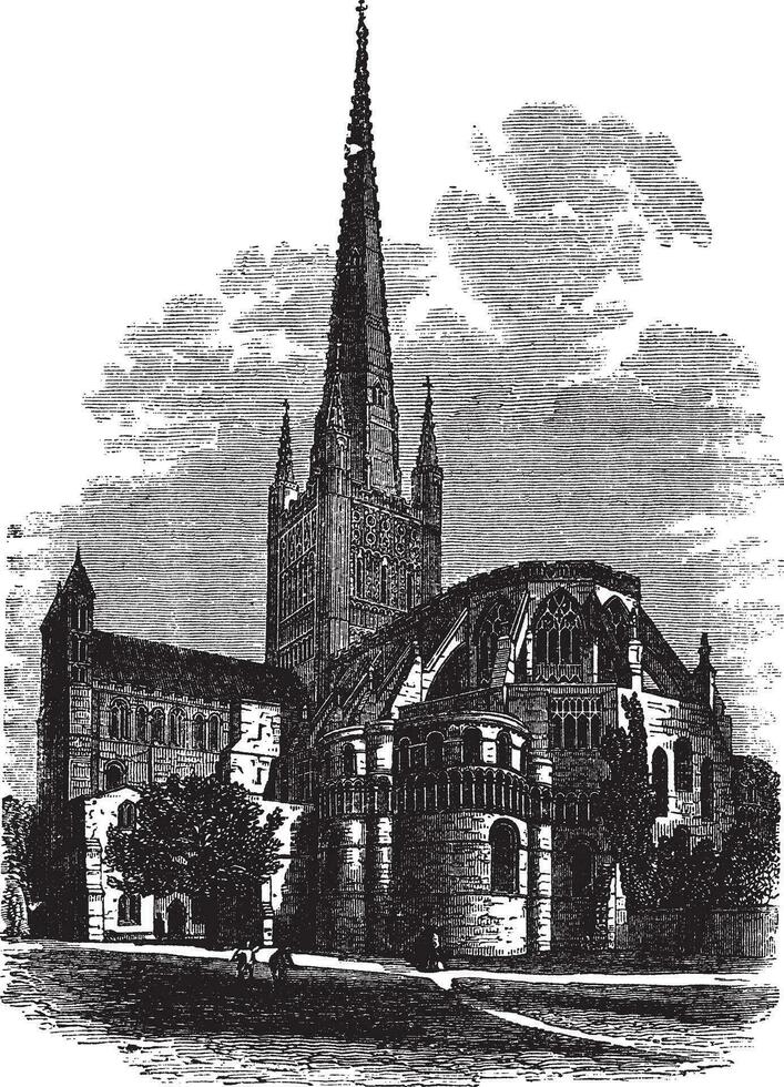Norwich Cathedral in Norfolk, England, UK, vintage engraved illustration vector