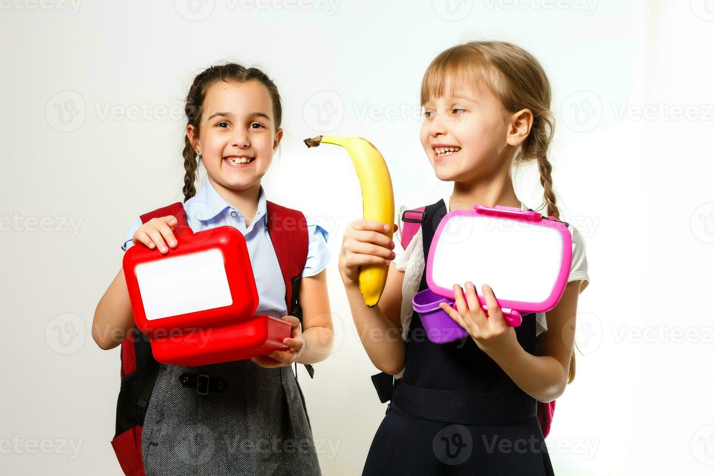 Two little schoolgirls. Education, fashion, friendship concept. photo