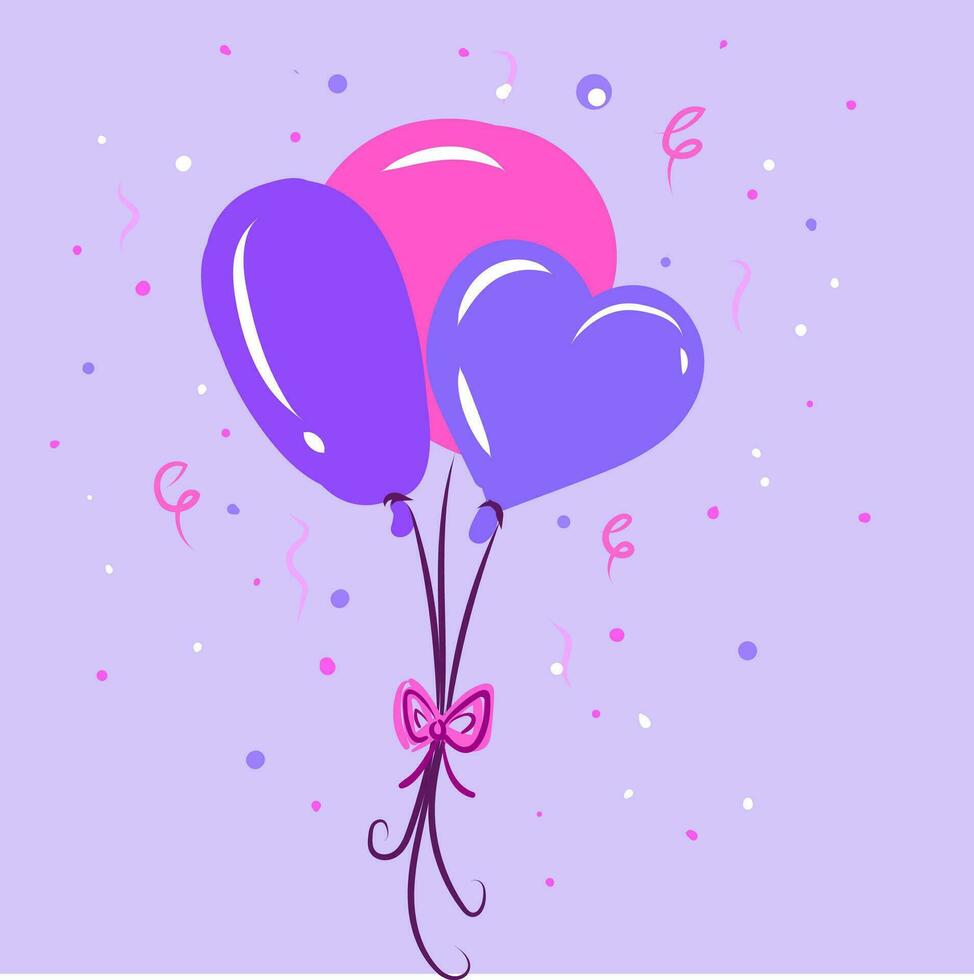 Three balloons with an exclamation mark of different sizes shapes and color are tied together with a bow-like ribbon floats in purple background vector color drawing or illustration