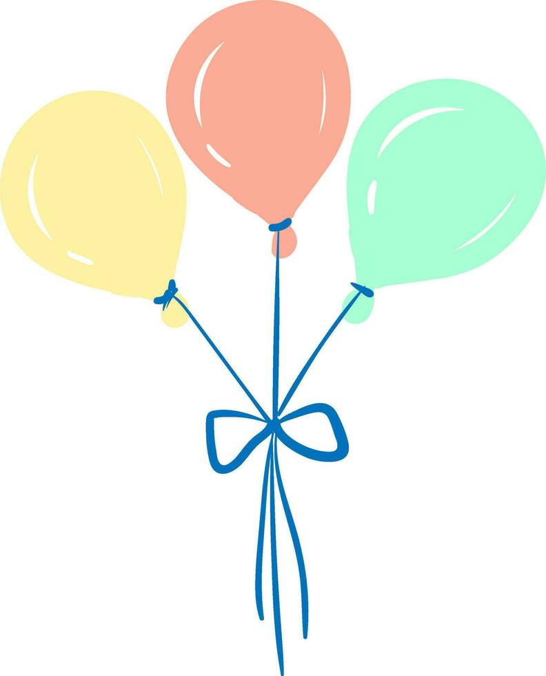 Three yellow peach and blue colored balloons tied together with a bow-like ribbon vector color drawing or illustration