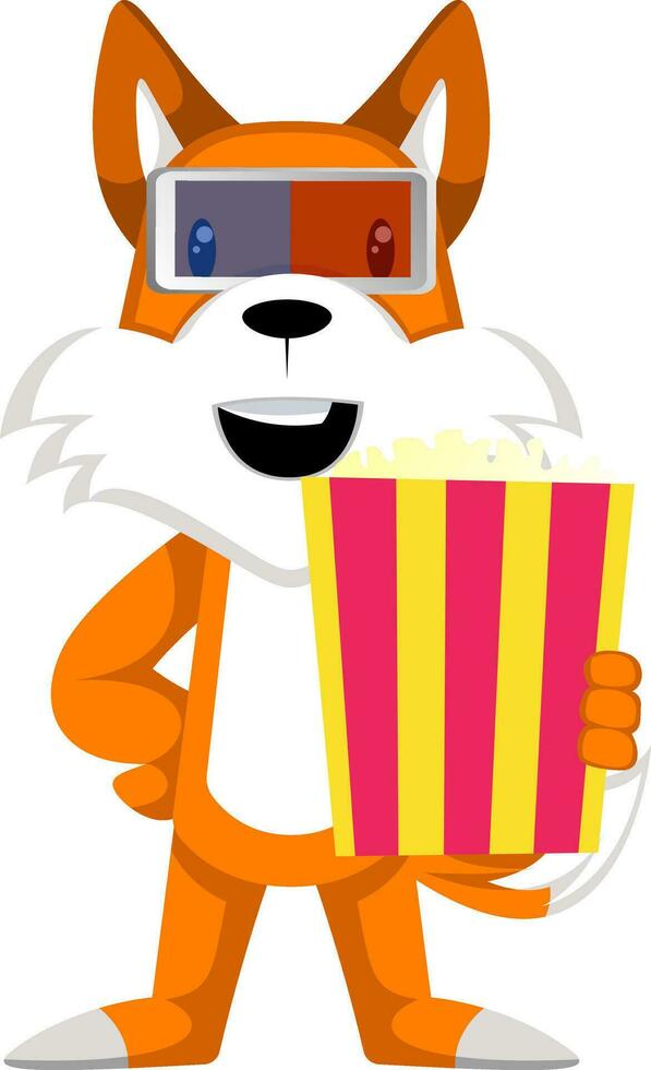 Fox with popcorn, illustration, vector on white background.