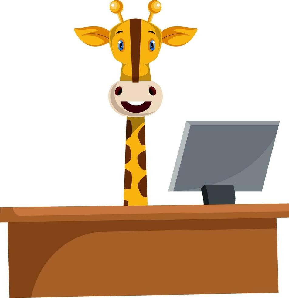 Giraffe working by the desk, illustration, vector on white background.