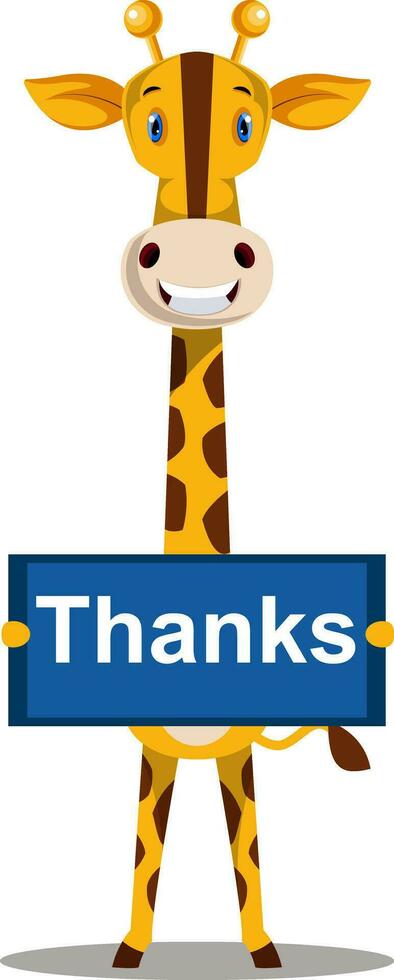 Giraffe with thank you sign, illustration, vector on white background.