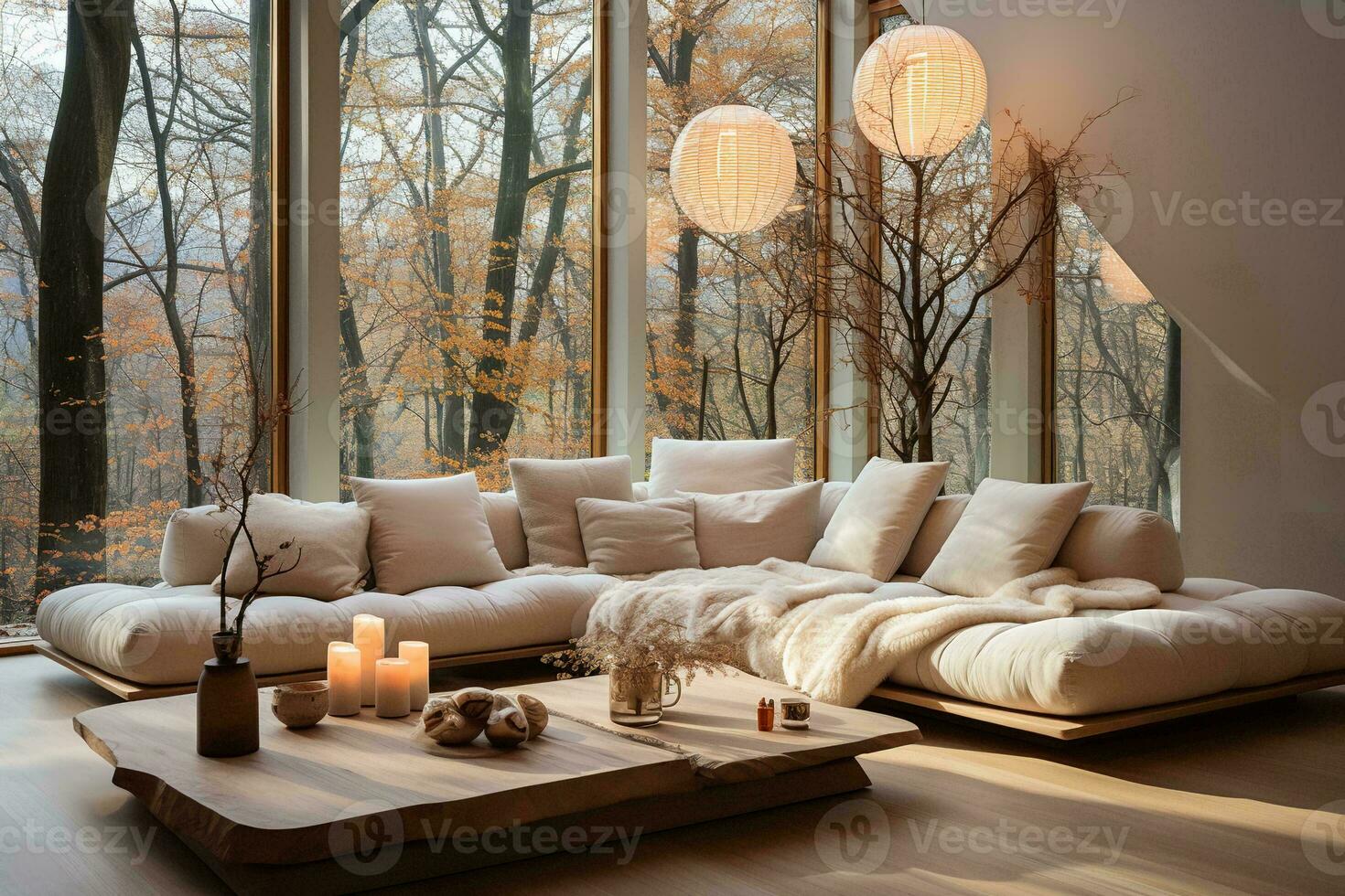 AI generated a modern living room with a cozy atmosphere. The room is filled with natural light from the large windows and the warm glow of the candles. photo