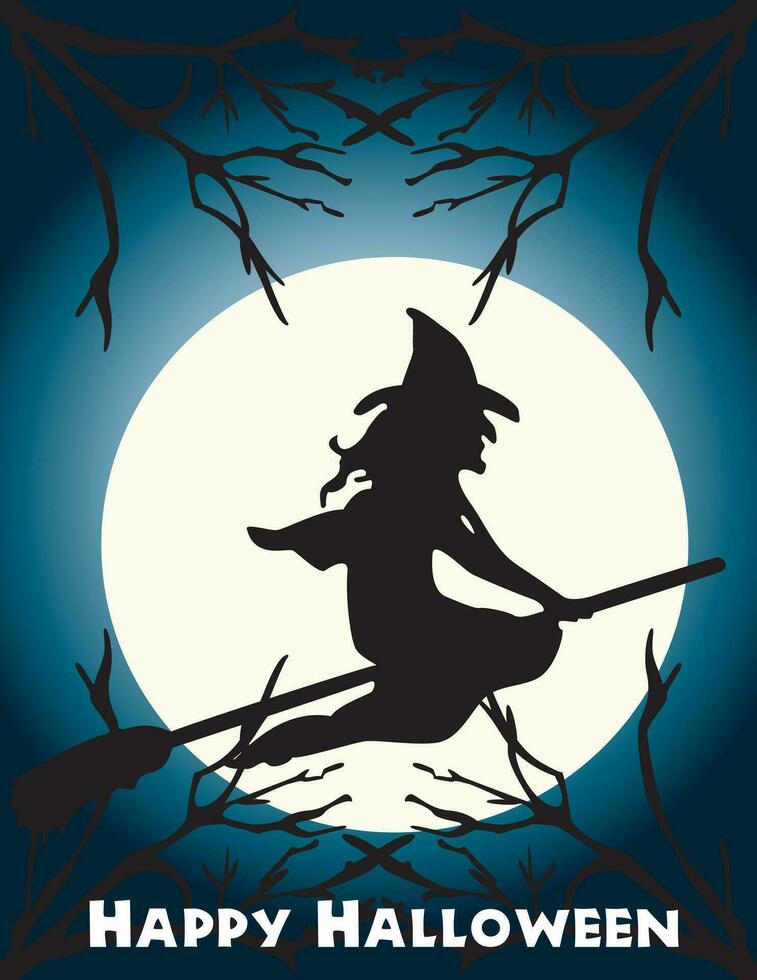 Halloween flying witch on a broom scene vector