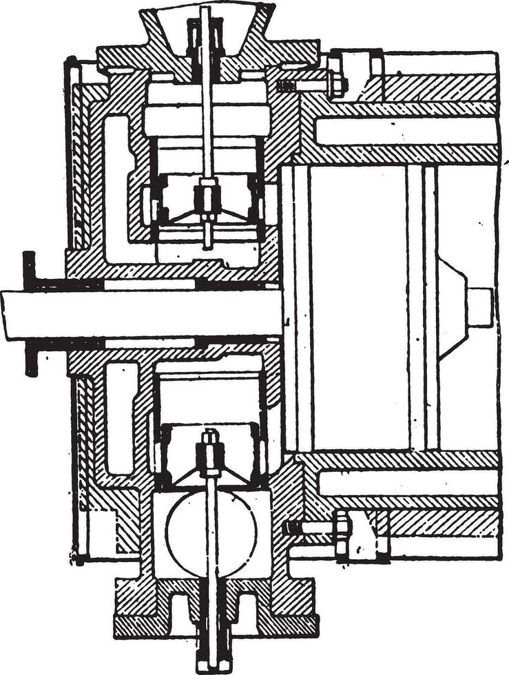 distribución pistones-válvulas, camioneta guarida kerchove sistema, Clásico grabado. vector