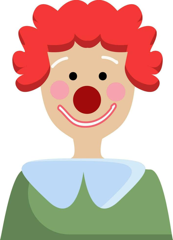 Simple vector illustration of a clown with green shirt and red curley hair white background.