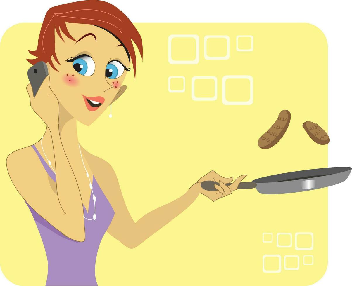 Woman talking on the phone while cooking vector