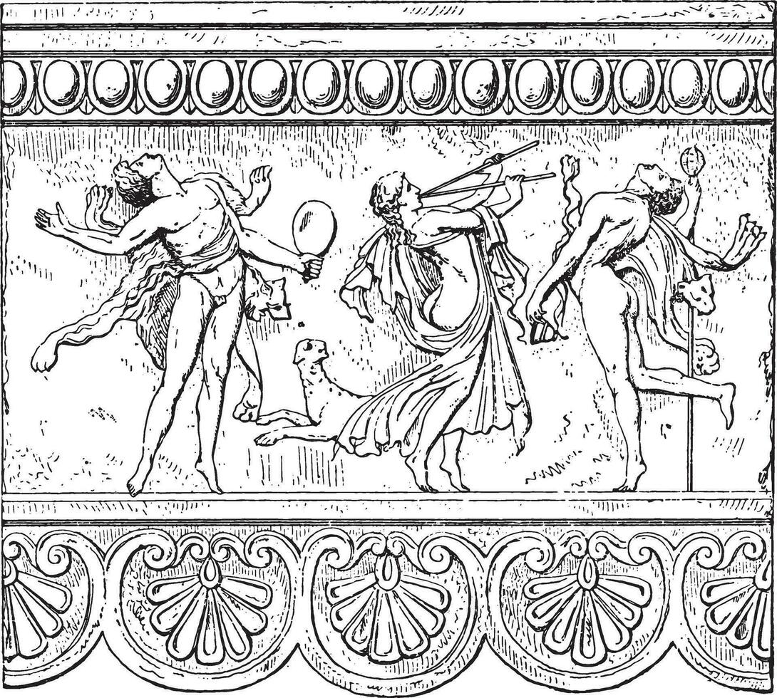 Metope with figures, vintage engraving. vector