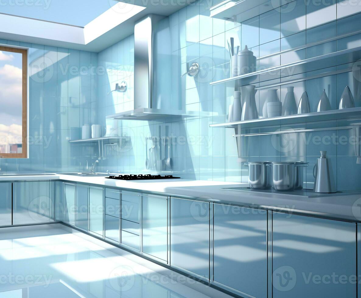 A modern kitchen with stainless steel appliances, white cabinets, and a kitchen island with a granite countertop. The kitchen is spacious and well-lit, with plenty of natural light from the windows. photo
