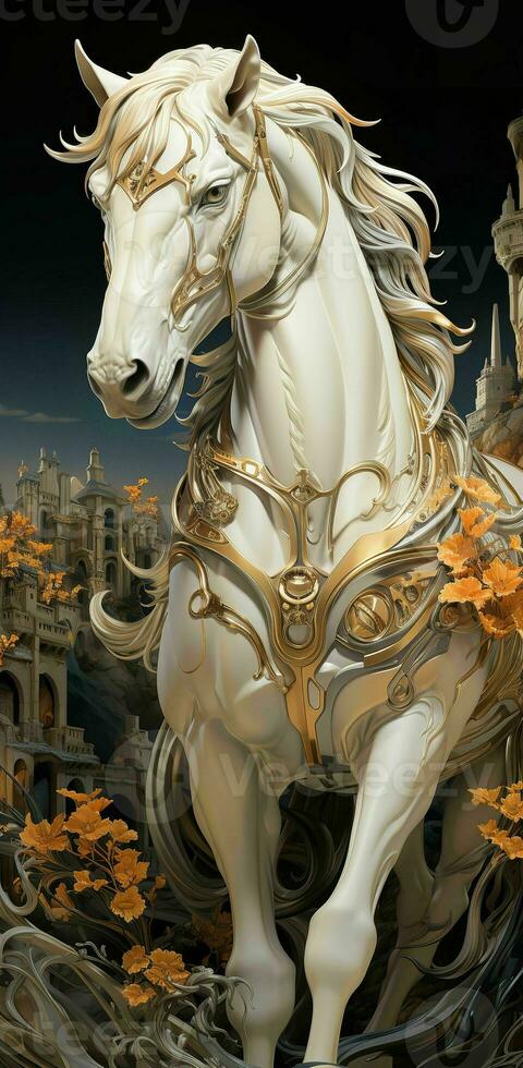 A majestic white horse with a golden saddle stands proudly on a hill, overlooking a lush green valley. photo