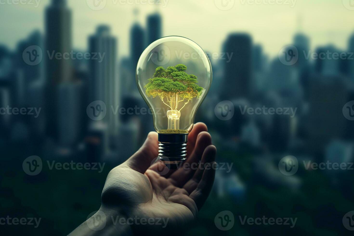 A hand holds a light bulb with vibrant flowers growing out of it. The light bulb glows brightly, illuminating the flowers and the surrounding area. photo