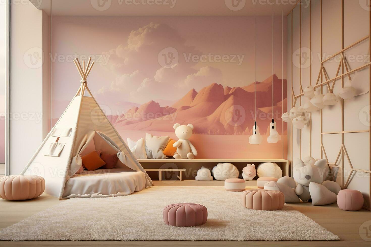 AI generated a children room with a cozy tent, stuffed animals, and a mountain mural on the wall. The room is decorated in soft pastel colors and has a modern design. photo