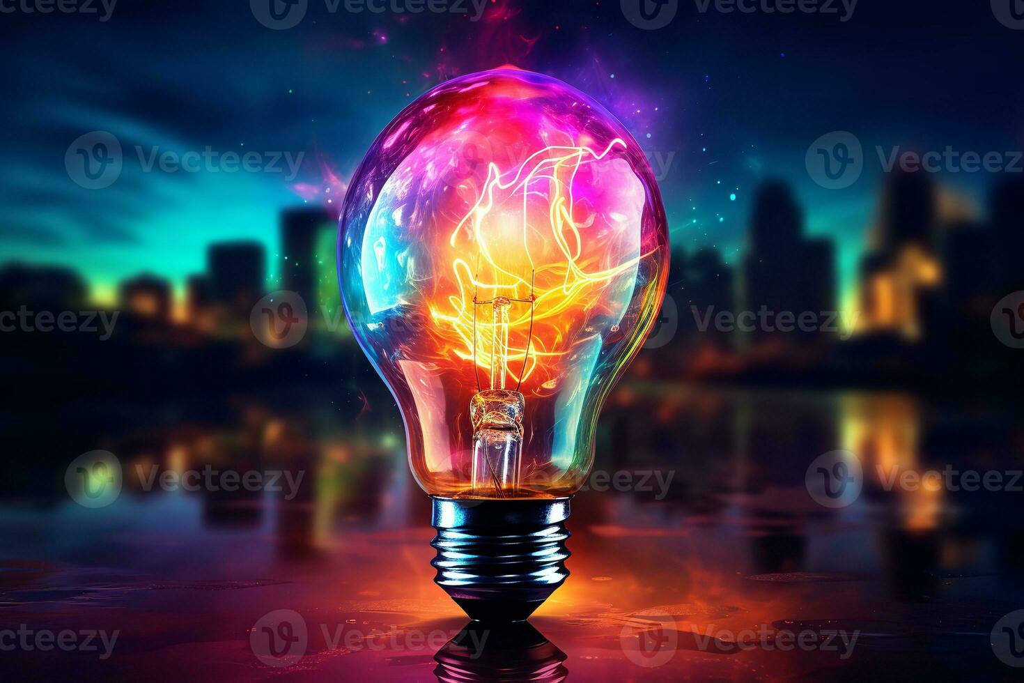 Colorful light bulb with city in the background, symbolizing creativity, innovation, and the future of the city. photo