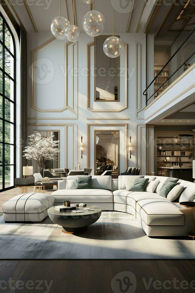 AI generated Bright and airy living room with white sectional couch and round coffee table. The couch is accented with pillows and a throw blanket photo