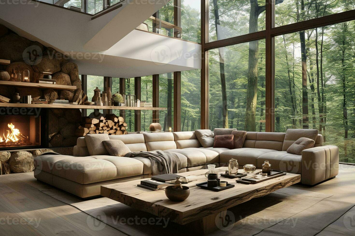 AI generated Sophisticated living room featuring a white sectional couch, wooden coffee table, and black fireplace. The light wood flooring and oversized windows create a bright and airy space photo