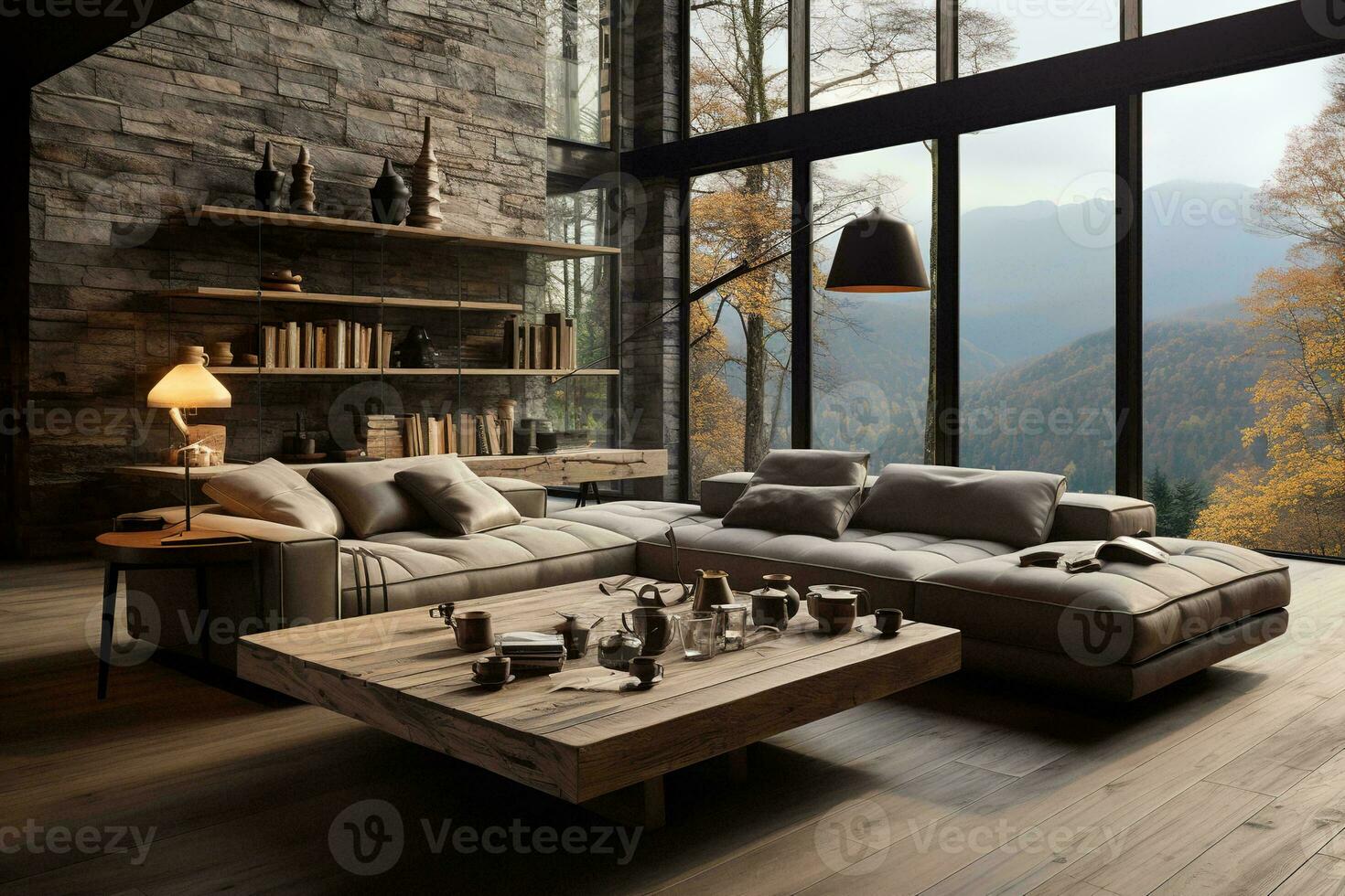AI generated Inviting living room with a brown leather couch, wooden coffee table, and large window with stunning mountain views. The couch is accented with pillows and a throw blanket photo