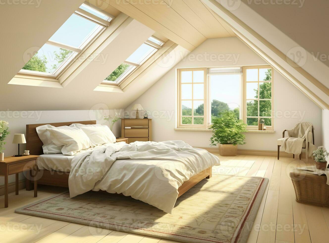 AI generated Cozy attic bedroom with white bed, skylights, rug, and picture on wall. Bed is made and skylights provide natural light, making room feel bright and airy. photo