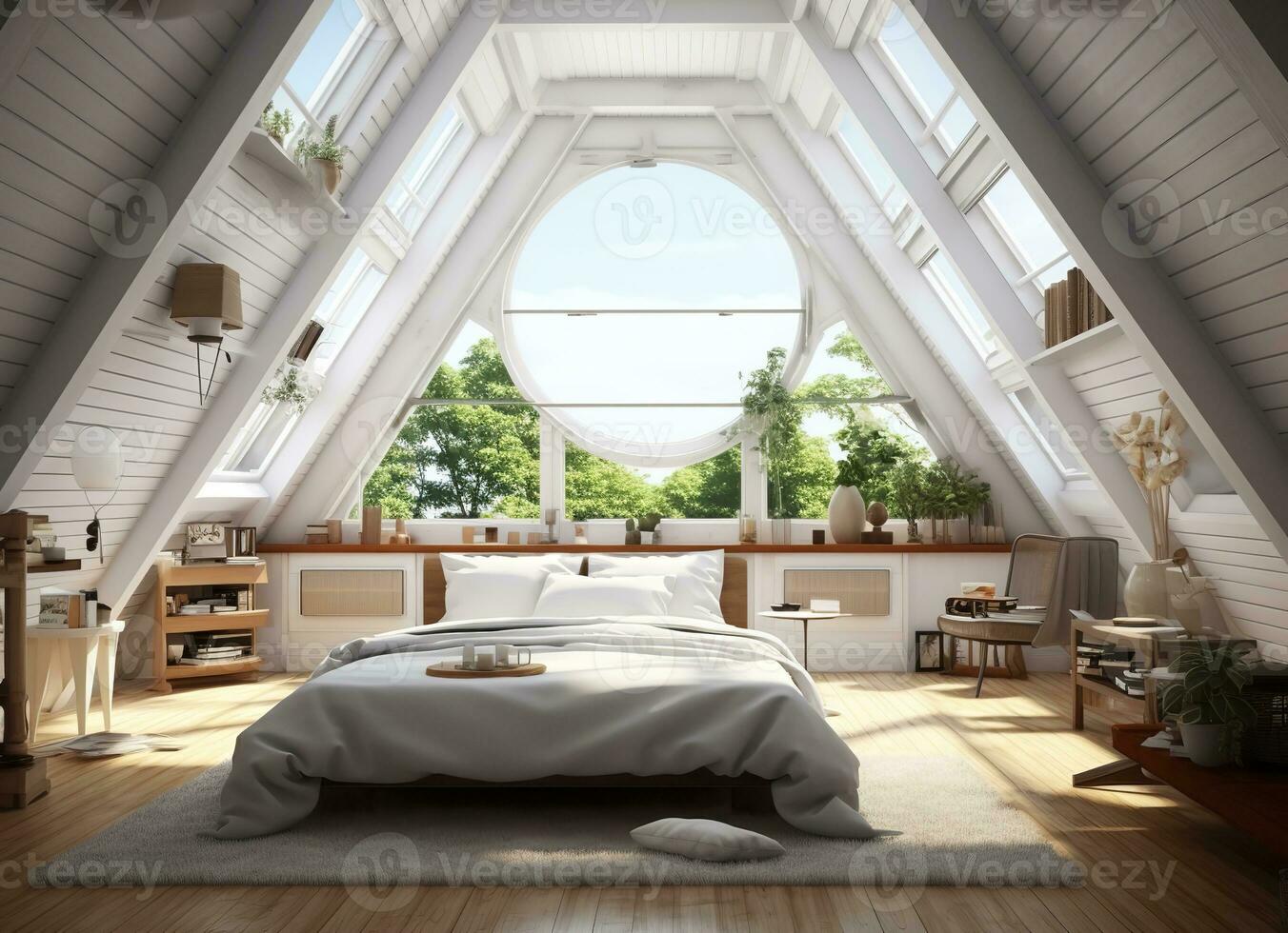 AI generated Cozy attic bedroom with a large round window offering a view of the trees outside. The bed is made and there is a rug on the floor, adding to the warm and inviting atmosphere of the room photo