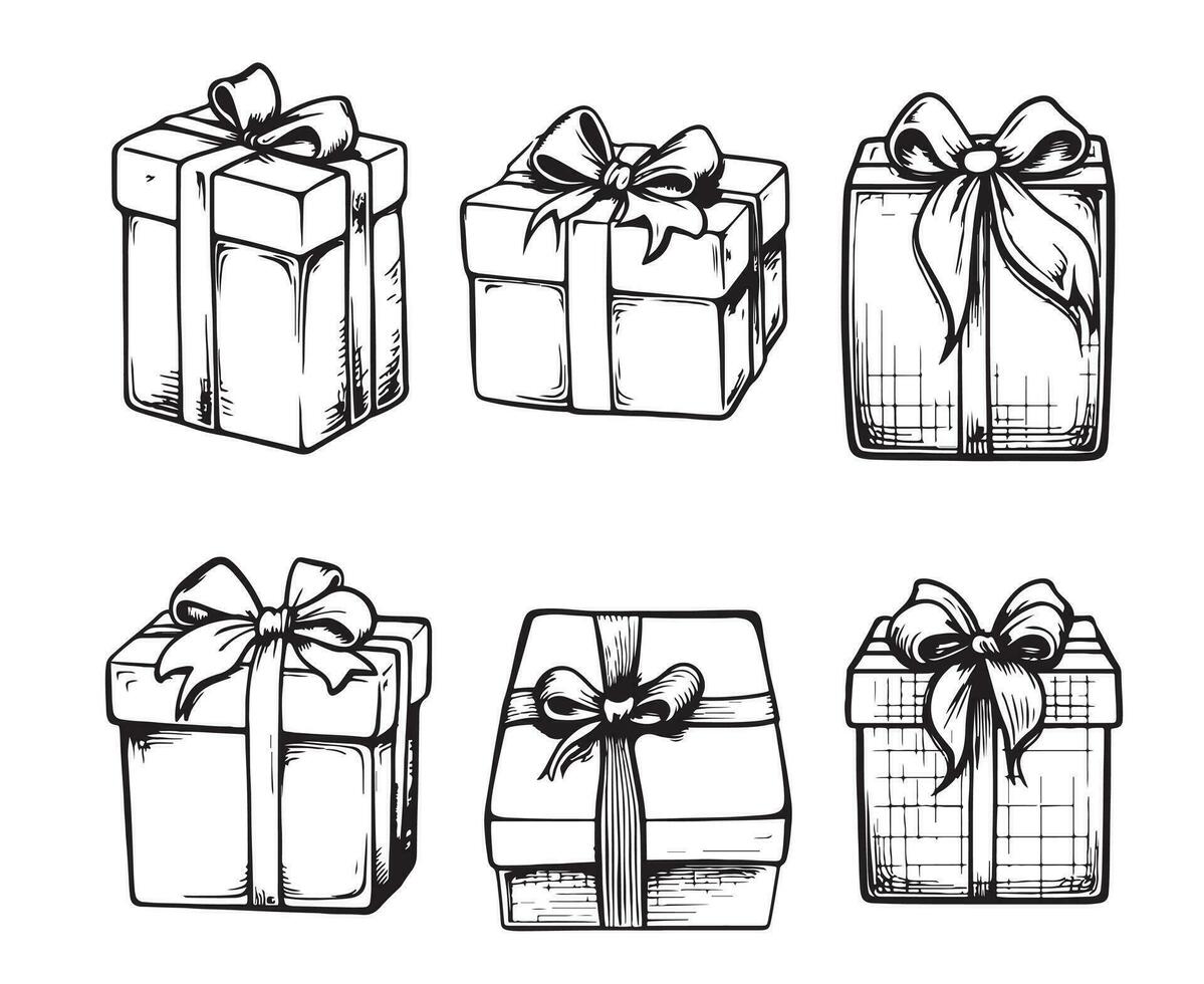 Art line drawing of different gift boxes with ribbon bow. Set of presents in black one line. vector