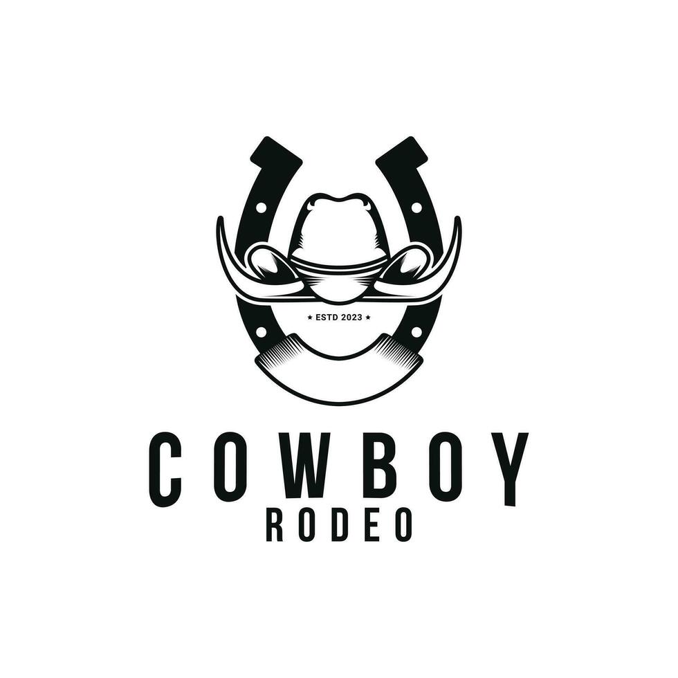 Vintage retro style cowboy hat rodeo logo design with horseshoe vector