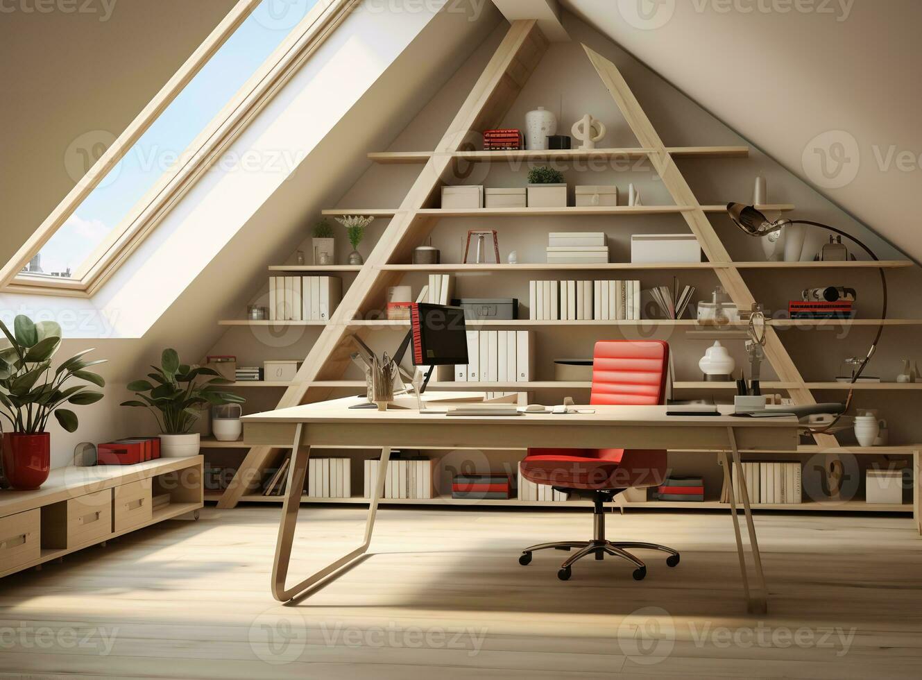 AI generated a modern home office with a dark wooden desk, a yellow leather armchair, and two brass lamps. The room has a high ceiling with a triangular window that lets in natural light. photo