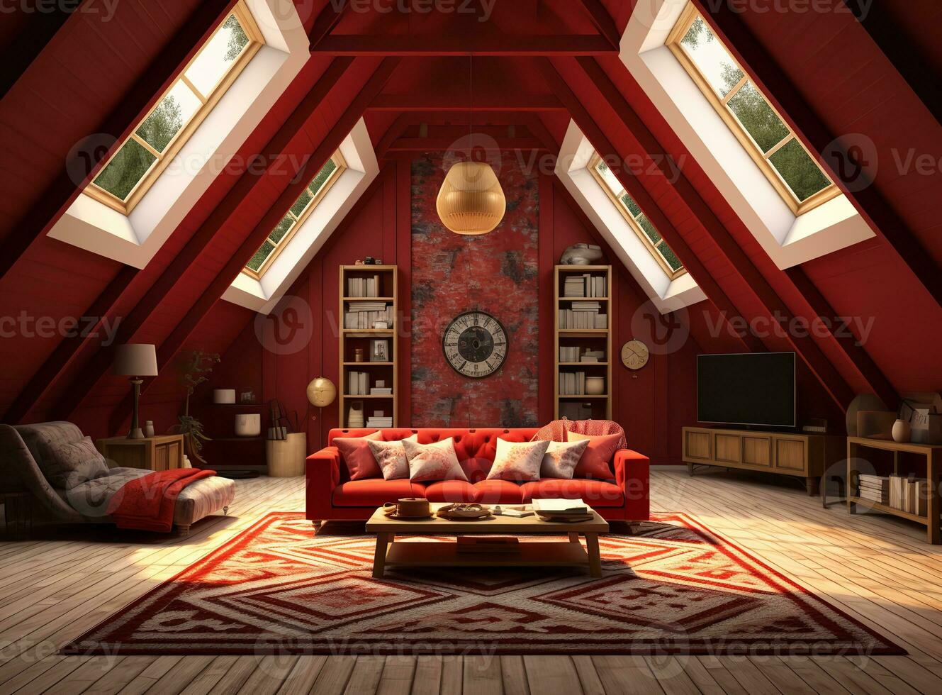 AI generated a 3D rendering of a cozy attic living room with a red color scheme. The room has a wooden floor, a red rug, and a red accent wall. There are several windows, a TV, a sofa, and table. photo