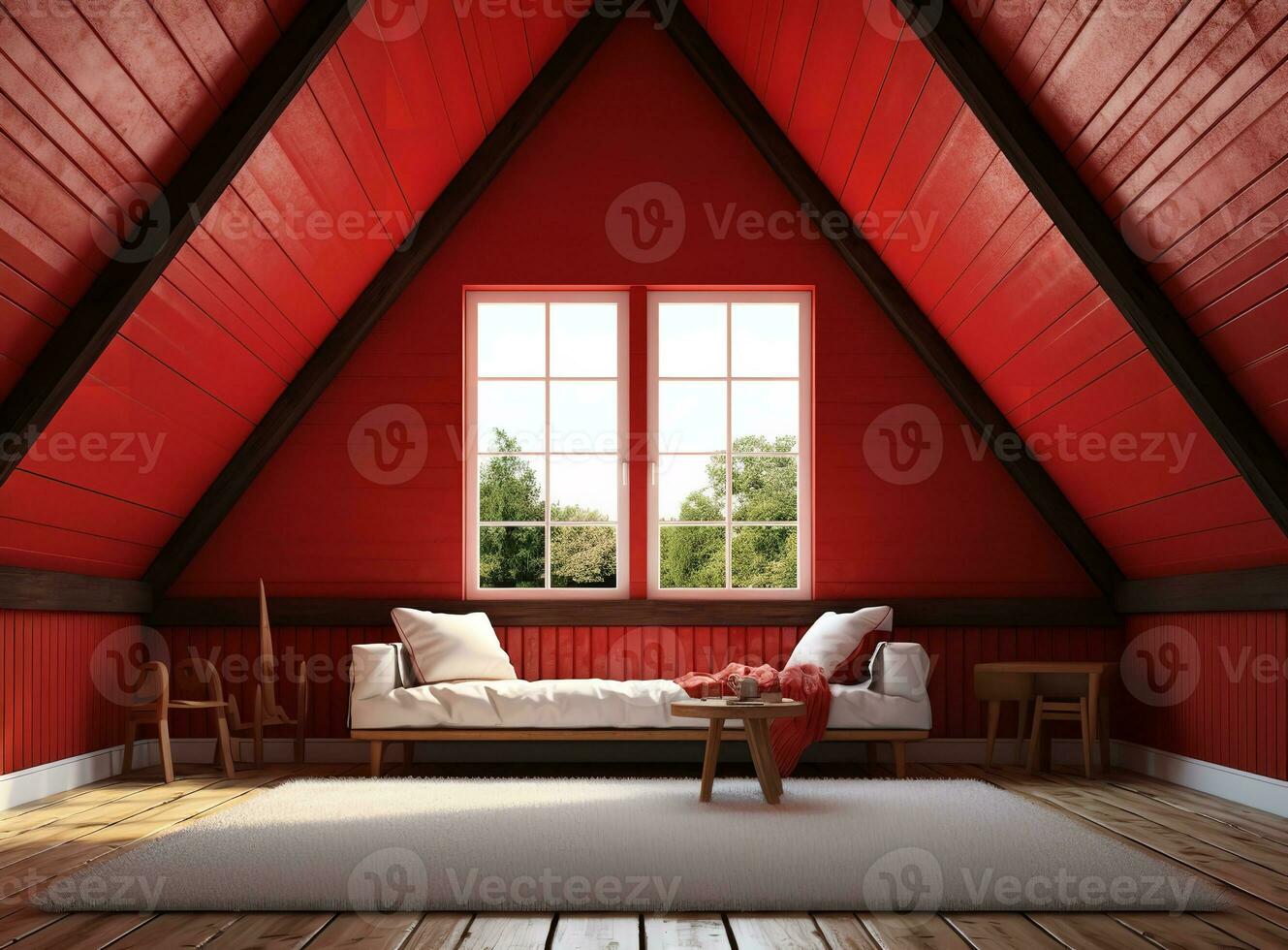 AI generated a 3D rendering of a cozy attic living room with a red wooden ceiling and walls. The room has a white sofa, wooden coffee table, and two wooden chairs. The window has a view of trees photo