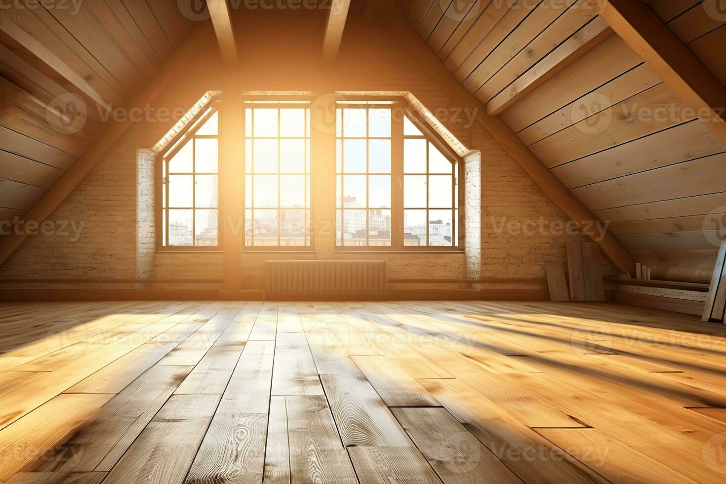 A spacious and bright attic with wooden floors and windows, waiting to be turned into a cozy living room, bedroom, or creative studio. The attic features exposed beams and brickwork photo