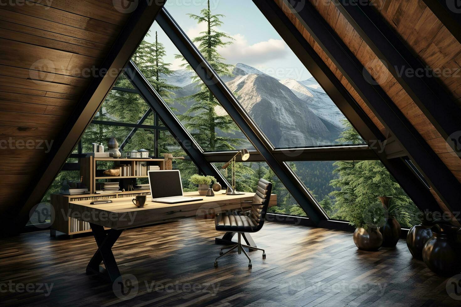 AI generated a modern office space is located in an A-frame building with floor-to-ceiling windows that offer a panoramic view of a mountain range. photo