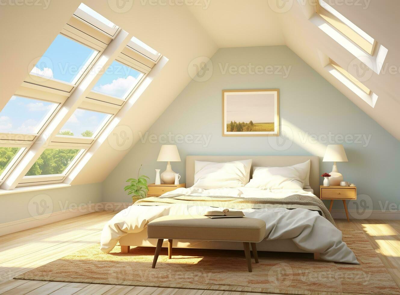 AI generated Cozy attic bedroom with bed, lamps, skylights, and a picture on the wall. The bed is made and the skylights provide natural light, making the room feel bright and airy. photo